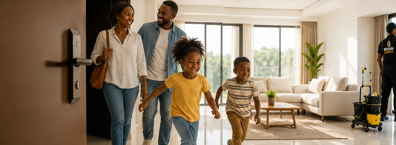 Famille entrant avec ses enfants dans son nouvel appartement