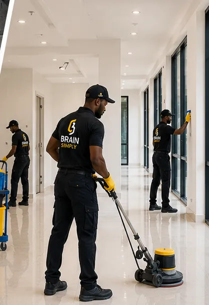 Agents nettoyant un couloir après travaux