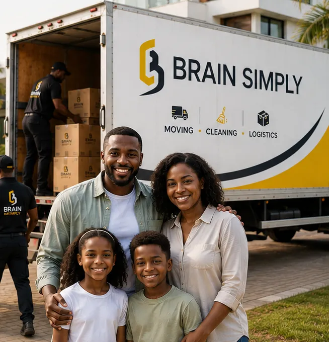 Famille devant un camion BRAIN Simply pendant un déménagement